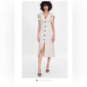 Zara Womens Midi Rustic Tan Ruffled Cottagecore Linen Dress Medium